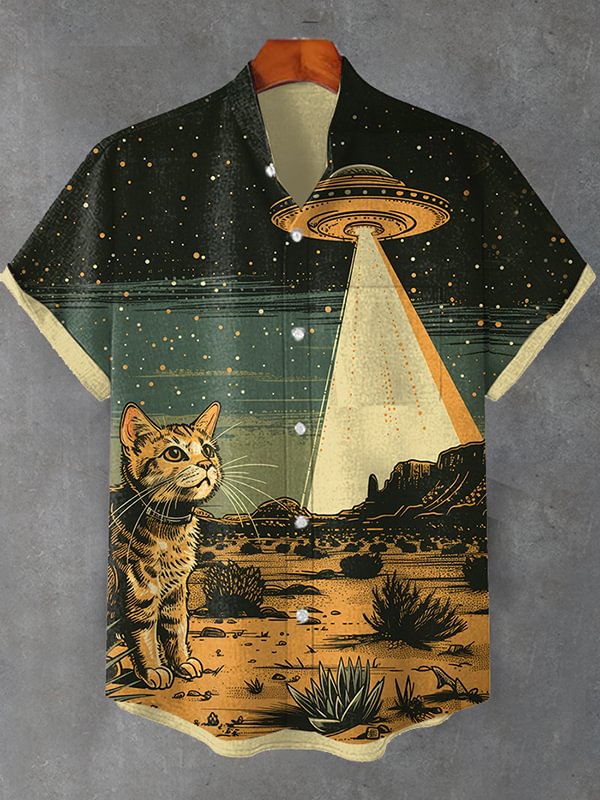 Men's Cat Discovers UFO In The Western Retro Future Art Print Shirt