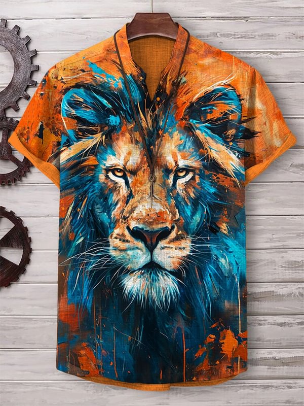 Men's Lion Oil Painting Art Print Casual V Neck T-Shirt