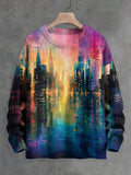 Men's Retro Abstract City Scenery Art Print Knit Sweatshirt