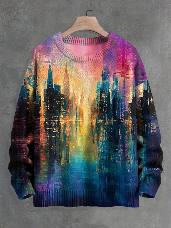 Men's Retro Abstract City Scenery Art Print Knit Sweatshirt