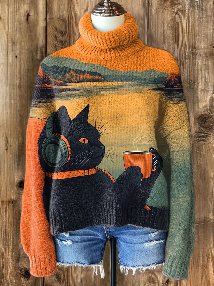 Women's Black Cat Listening to Music Art Print High Neck Knit Sweatshirt