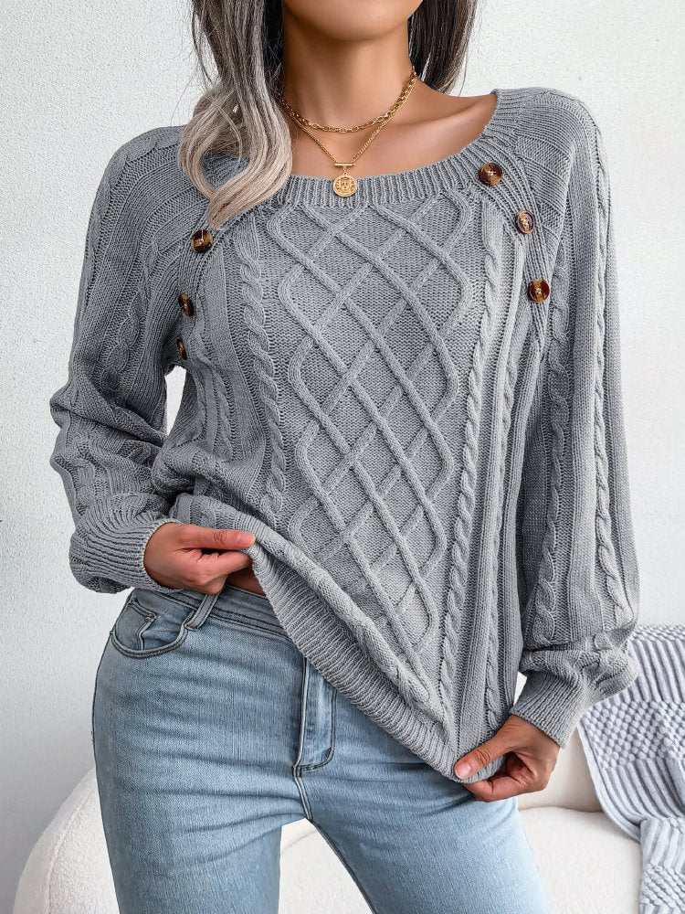 Women's Casual Button Decor Loose Cable Knit Sweater