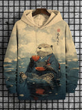Men's River Kimono Otter Tasting Tea Japanese Art Print Casual Hoodie