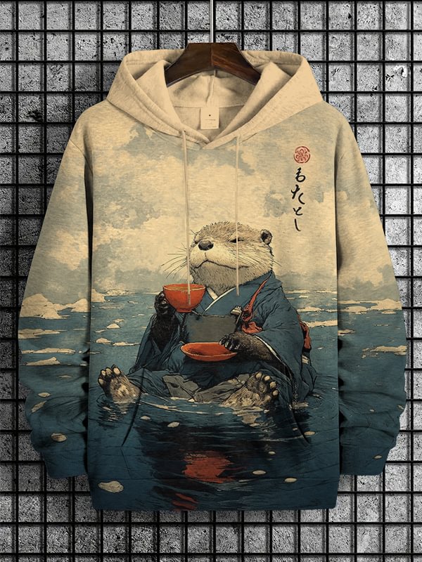 Men's River Kimono Otter Tasting Tea Japanese Art Print Casual Hoodie