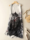 Women's Japanese Cat Samurai Ink Painting Print Cotton And Linen Midi Dress