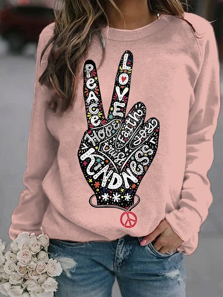 Women's Peace Love Hope Faith Joy Kindness Print Cotton Long Sleeve T-Shirt Thin Sweatshirt