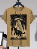 Men's Retro Cat Taken Away By UFO Art Print Cotton Casual T-Shirt