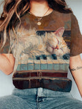 Women's Cat On Piano Oil Painting Print Casual T-Shirt