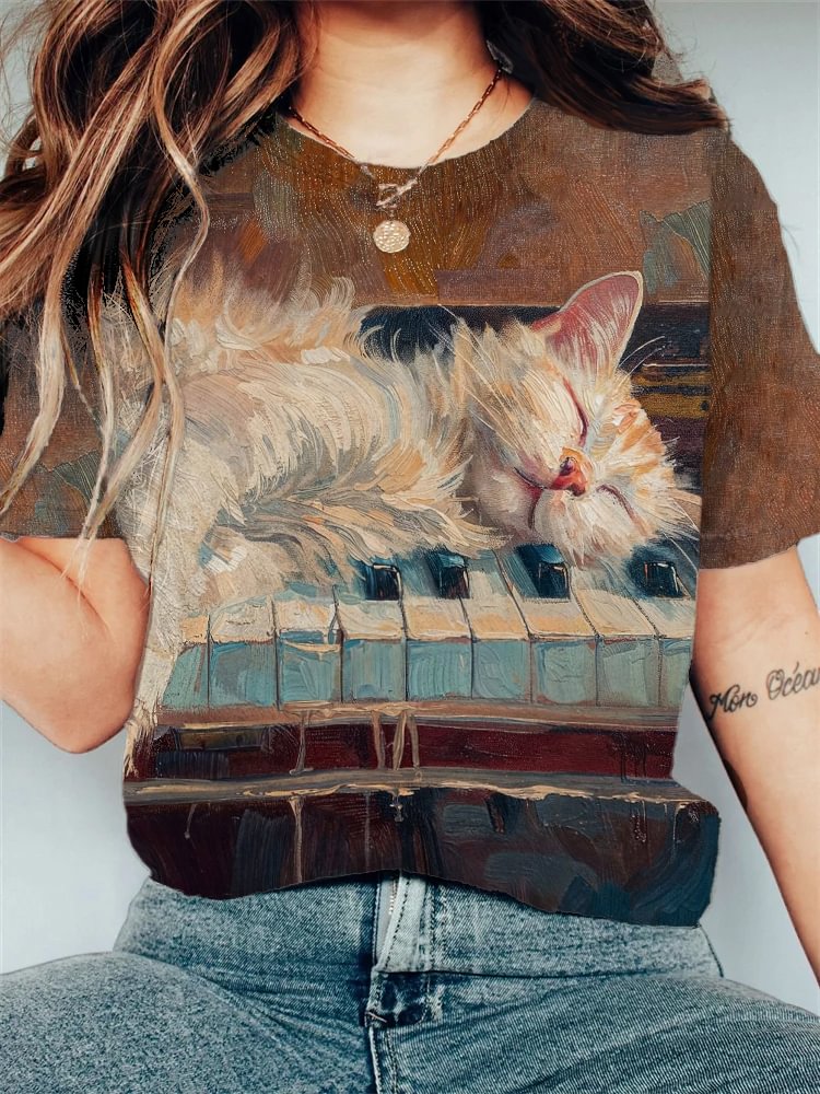 Women's Cat On Piano Oil Painting Print Casual T-Shirt