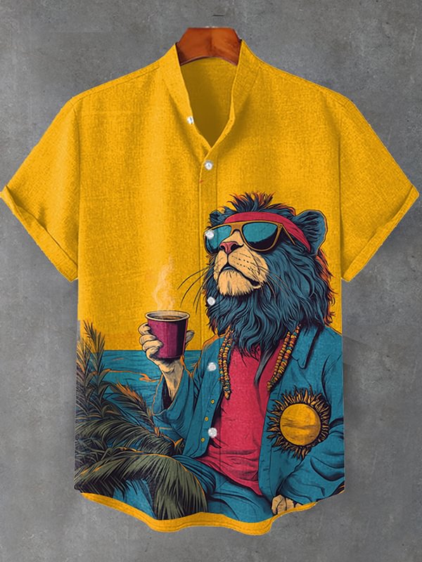 Men's Hippie Lion Holiday Cafe Art Print Shirt