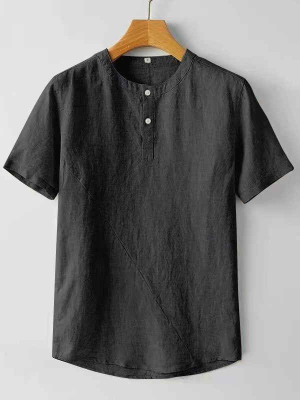 Men's Casual Plain Button Round Neck Short Sleeve Linen T-Shirt