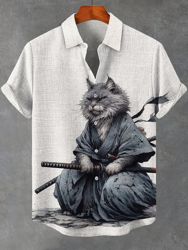 Men's Japanese Samurai Cat Saber Art Print Casual Shirt