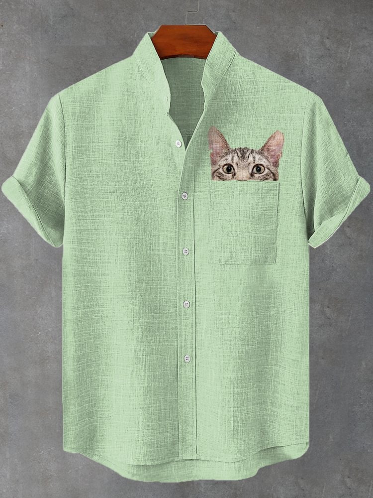 Men's Fun Cat Peeking Art Print Pocket Linen Blend Shirt