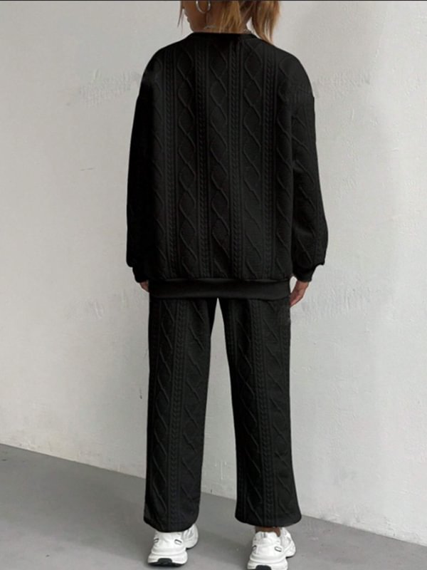 Women's Casual Solid Jacquard Textured Long Sleeve Sweatshirt Pants Matching Set