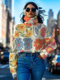 Women's Colorful Flower Cartoon Art Print High Neck Knit Sweatshirt