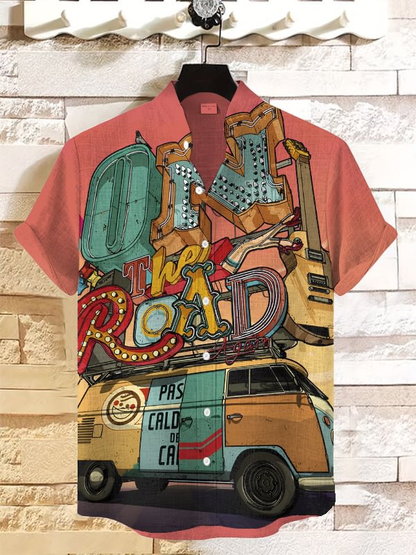 Men's Vintage Bus On The Road Guitar Print Short Sleeve Casual Shirt