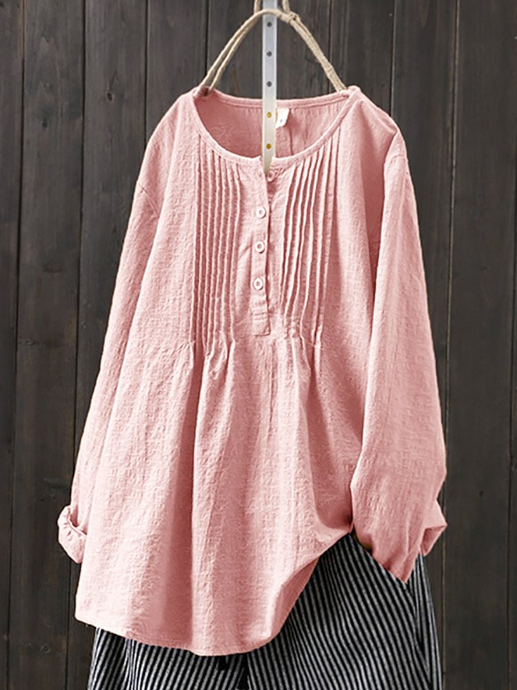 Women's Crinkle Chest Long Sleeve Round Neck Loose Blouse
