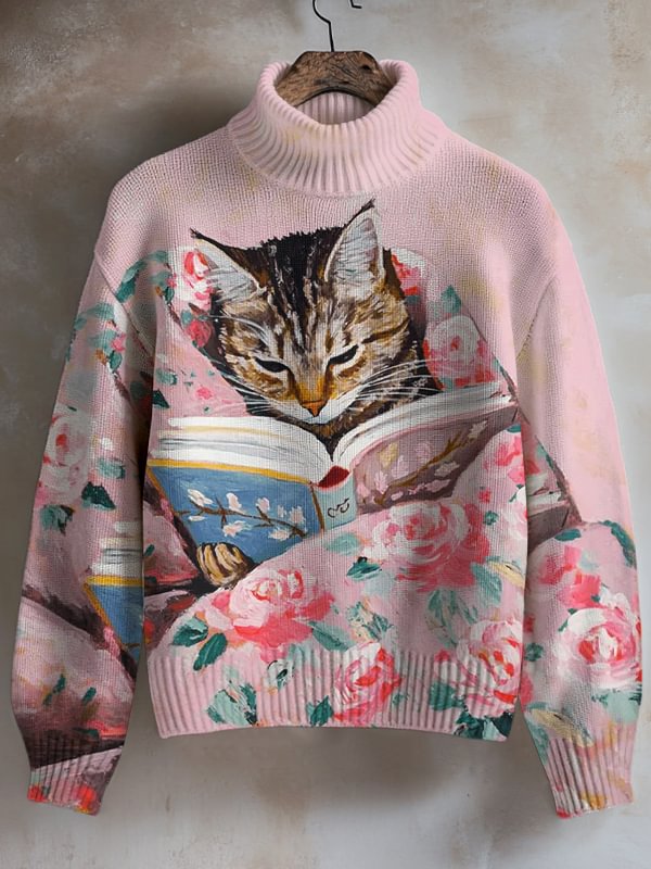 Women's Cat Reading Book Print High Neck Knit Sweatshirt