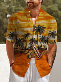Men's Coconut Tree Guitar Holiday Sunset Scenery Art Print Casual Shirt