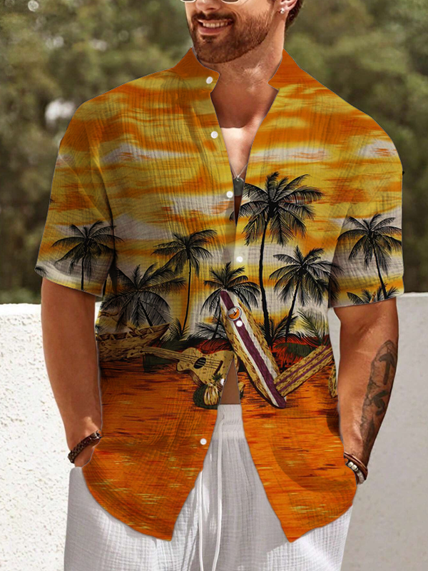 Men's Coconut Tree Guitar Holiday Sunset Scenery Art Print Casual Shirt