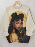 Women's Female Warrior and Panther Print Casual Sweatshirt