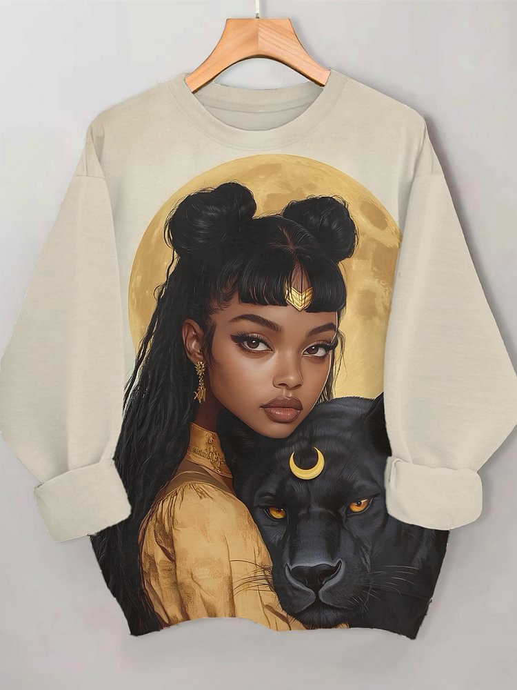 Women's Female Warrior and Panther Print Casual Sweatshirt