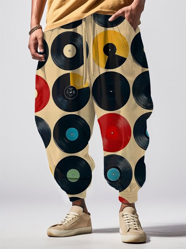 Men's Music Lovers Vintage Vinyl Print Loose Drawstring Waist Sweatpants