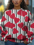 Women's Valentine's Day Black Striped Love Graphic Print Cozy Sweatshirt