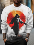 Men's Red Moon Jesus Illustration Print Casual Sweatshirt