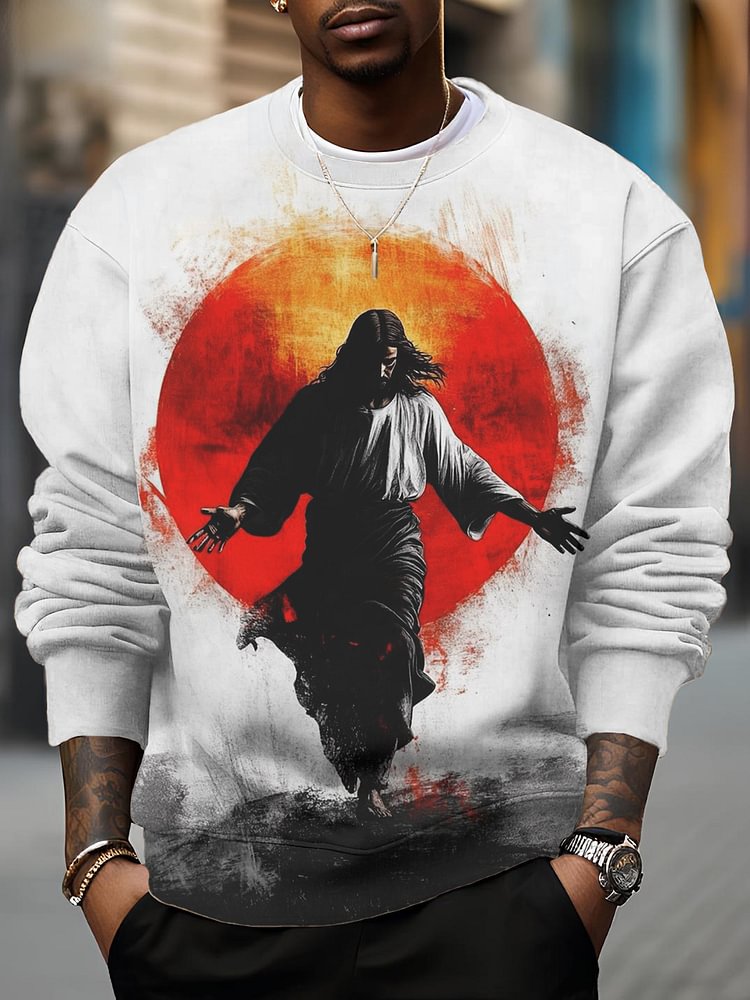 Men's Red Moon Jesus Illustration Print Casual Sweatshirt