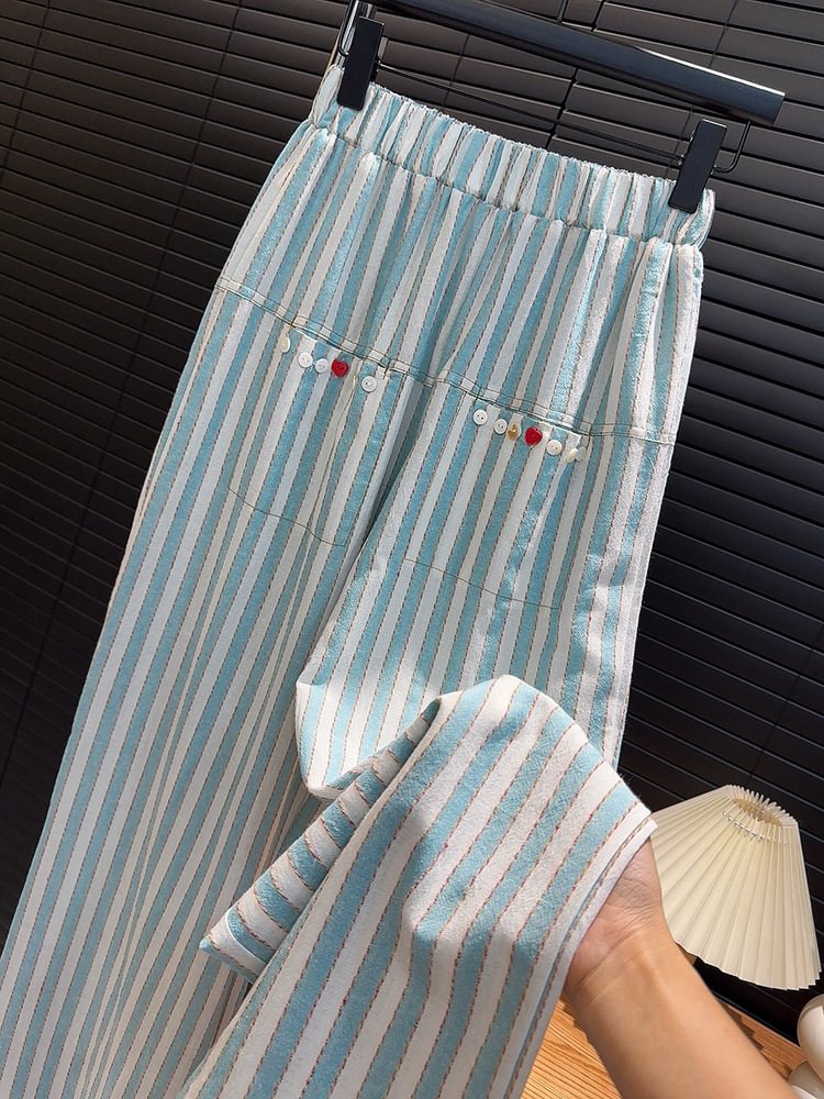 Women's Striped Pattern Buttons Decor High Waist Straight Leg Pants