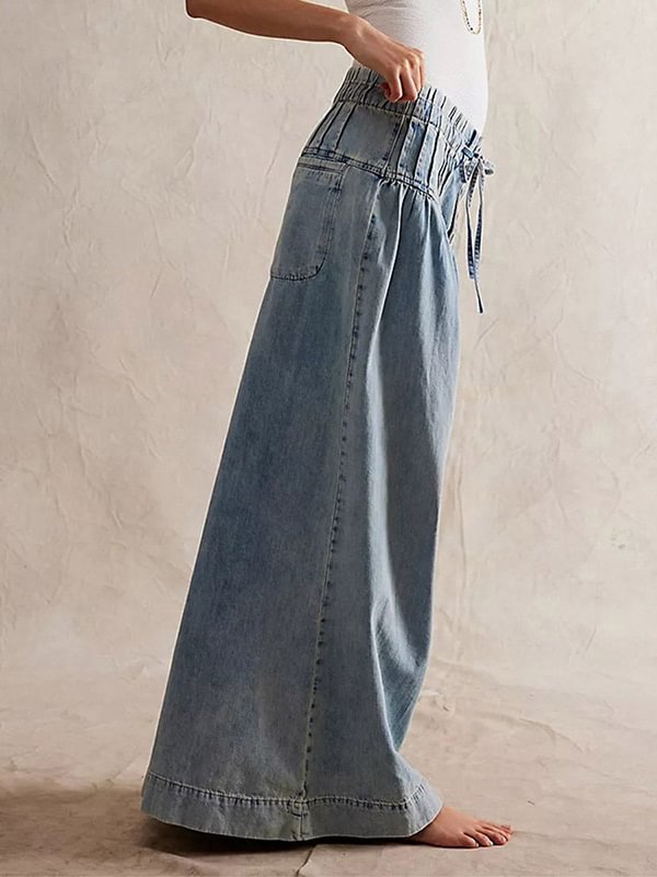 Women's Casual Elastic Drawstring Waist Buttons Loose Fit Wide-Leg Jeans
