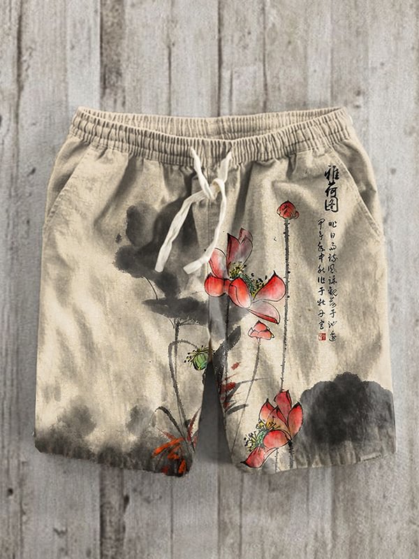 Men's Japanese Lotus Ink Painting Print Casual Shorts