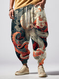 Men's Japanese Octopus Ukiyo-e Fluid Art Print Loose Drawstring Waist Sweatpants