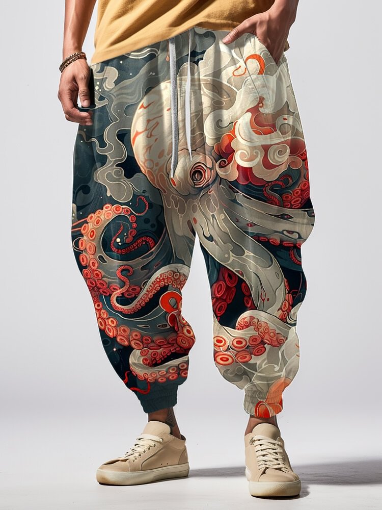Men's Japanese Octopus Ukiyo-e Fluid Art Print Loose Drawstring Waist Sweatpants