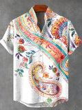 Men's Vintage Ethnic Multicolor Paisley Flower Art Print Linen Blend Shirt