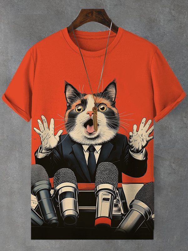 Men's Frightened Cat Celebrity Interview Art T-Shirt