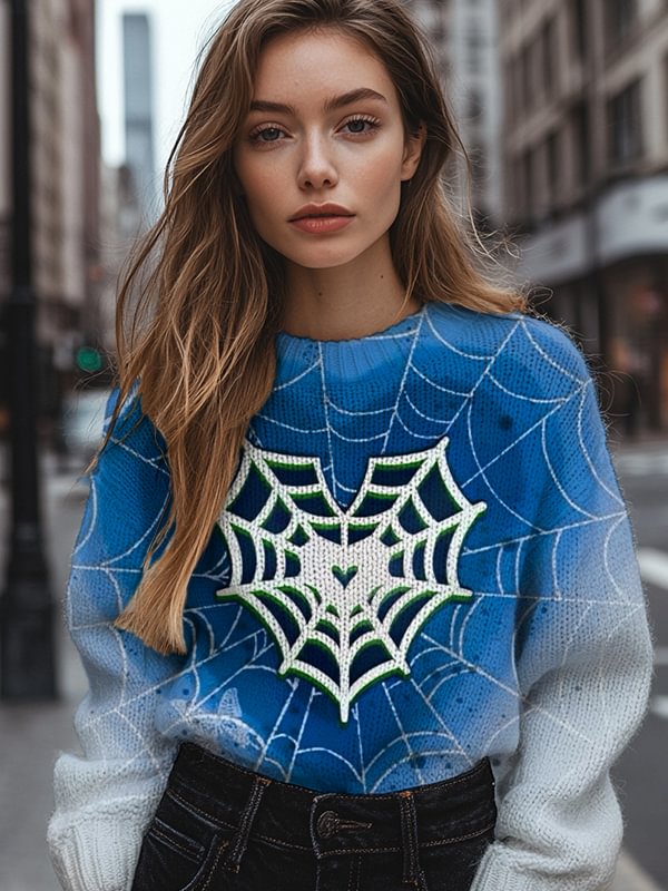 Women's Heart-Shaped Spider Web Art Print Knit Sweatshirt