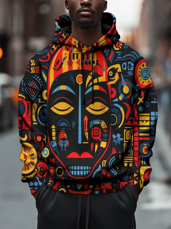 Men's Abstract Facial Retro Mask Print Casual Hoodie