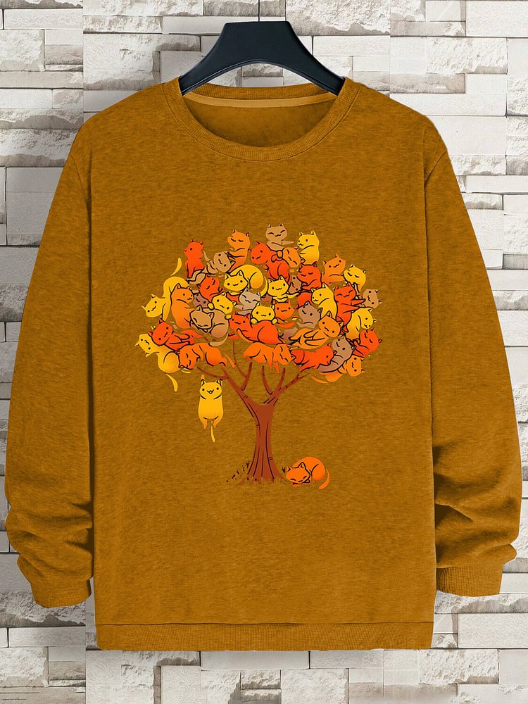 Men's A Group Of Cats On The Tree Print Cotton Casual Sweatshirt
