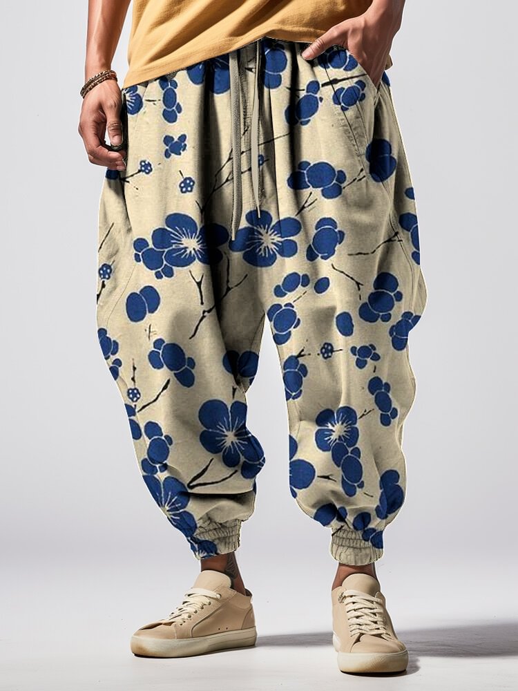 Men's Plum Blossom Japanese Art Printed Loose Drawstring Waist Sweatpants