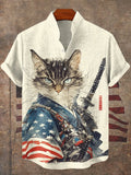 Men's Cool American Flag Cat Warrior Ink Art Short Sleeve Linen Blend Shirt