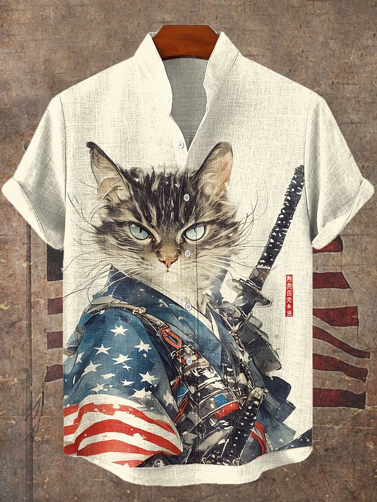 Men's Cool American Flag Cat Warrior Ink Art Short Sleeve Linen Blend Shirt