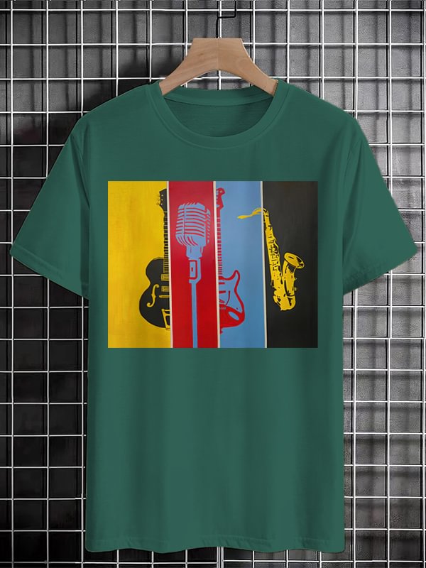 Men's Guitar Microphone Saxophone Color Block Print Cotton Casual T-Shirt