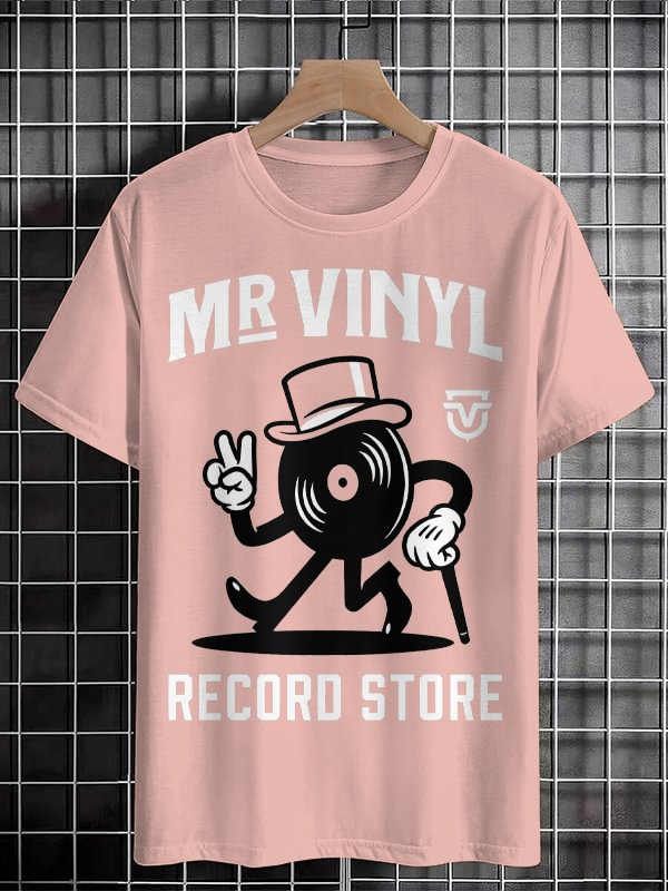 Men's Mr Vinyl Record Store Print Cotton Casual T-Shirt