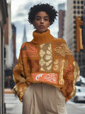 Women's Tribal Style Nature Graffiti Print High Neck Knit Sweatshirt