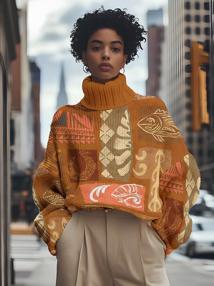 Women's Tribal Style Nature Graffiti Print High Neck Knit Sweatshirt