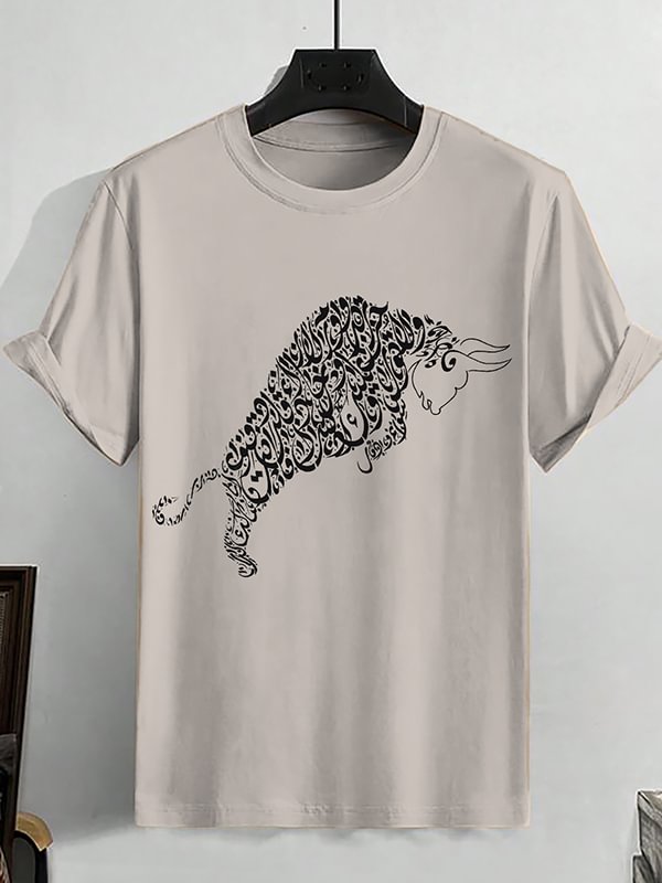 Men's Bull Arabic Calligraphy Graphic Print Cotton Casual T-Shirt