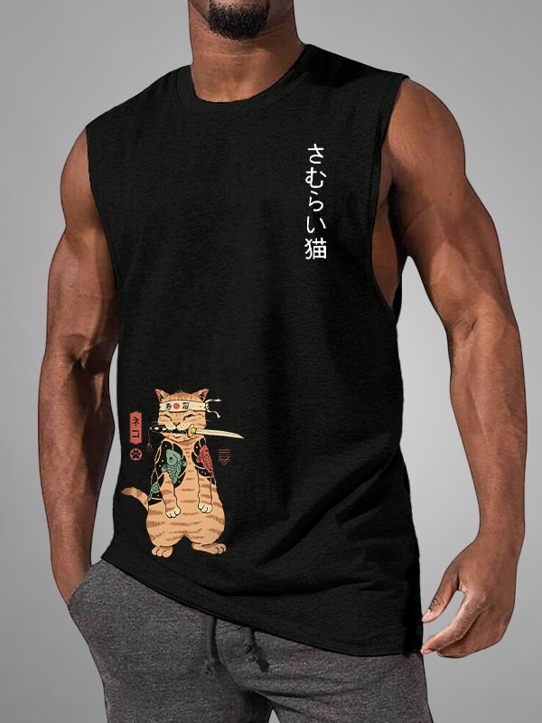 Men's Japanese Sushi Samurai Cat Print Casual Tank Top