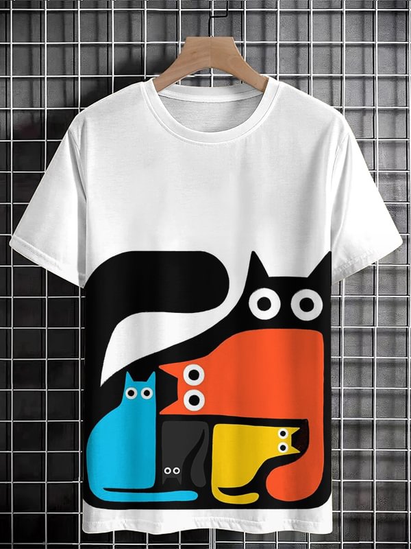 Men's Color Block Abstract Cat Geometric Art Print T-Shirt